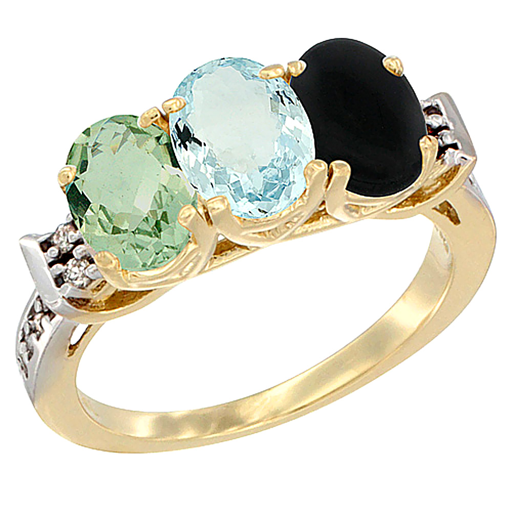 10K Yellow Gold Natural Green Amethyst, Aquamarine & Black Onyx Ring 3-Stone Oval 7x5 mm Diamond Accent, sizes 5 - 10