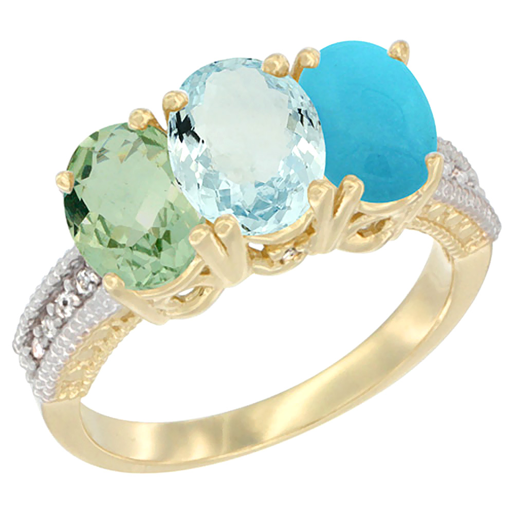 14K Yellow Gold Natural Green Amethyst, Aquamarine & Turquoise Ring 3-Stone 7x5 mm Oval Diamond Accent, sizes 5 - 10