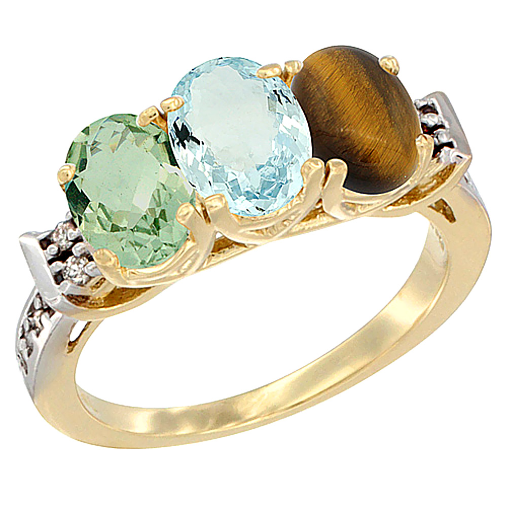 10K Yellow Gold Natural Green Amethyst, Aquamarine & Tiger Eye Ring 3-Stone Oval 7x5 mm Diamond Accent, sizes 5 - 10