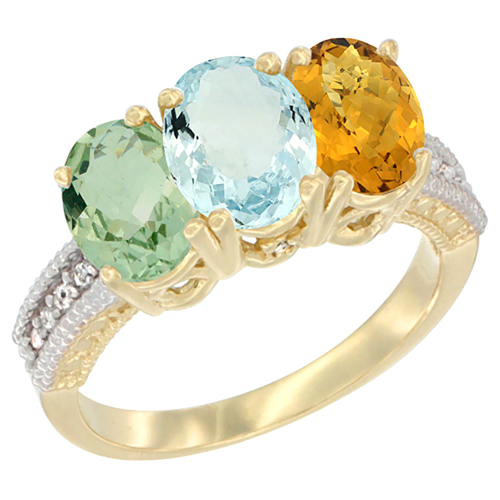 14K Yellow Gold Natural Green Amethyst, Aquamarine &amp; Whisky Quartz Ring 3-Stone 7x5 mm Oval Diamond Accent, sizes 5 - 10