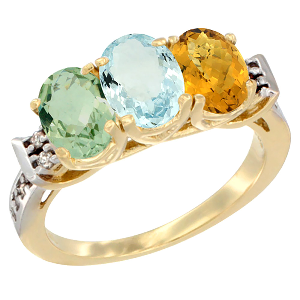 14K Yellow Gold Natural Green Amethyst, Aquamarine & Whisky Quartz Ring 3-Stone 7x5 mm Oval Diamond Accent, sizes 5 - 10