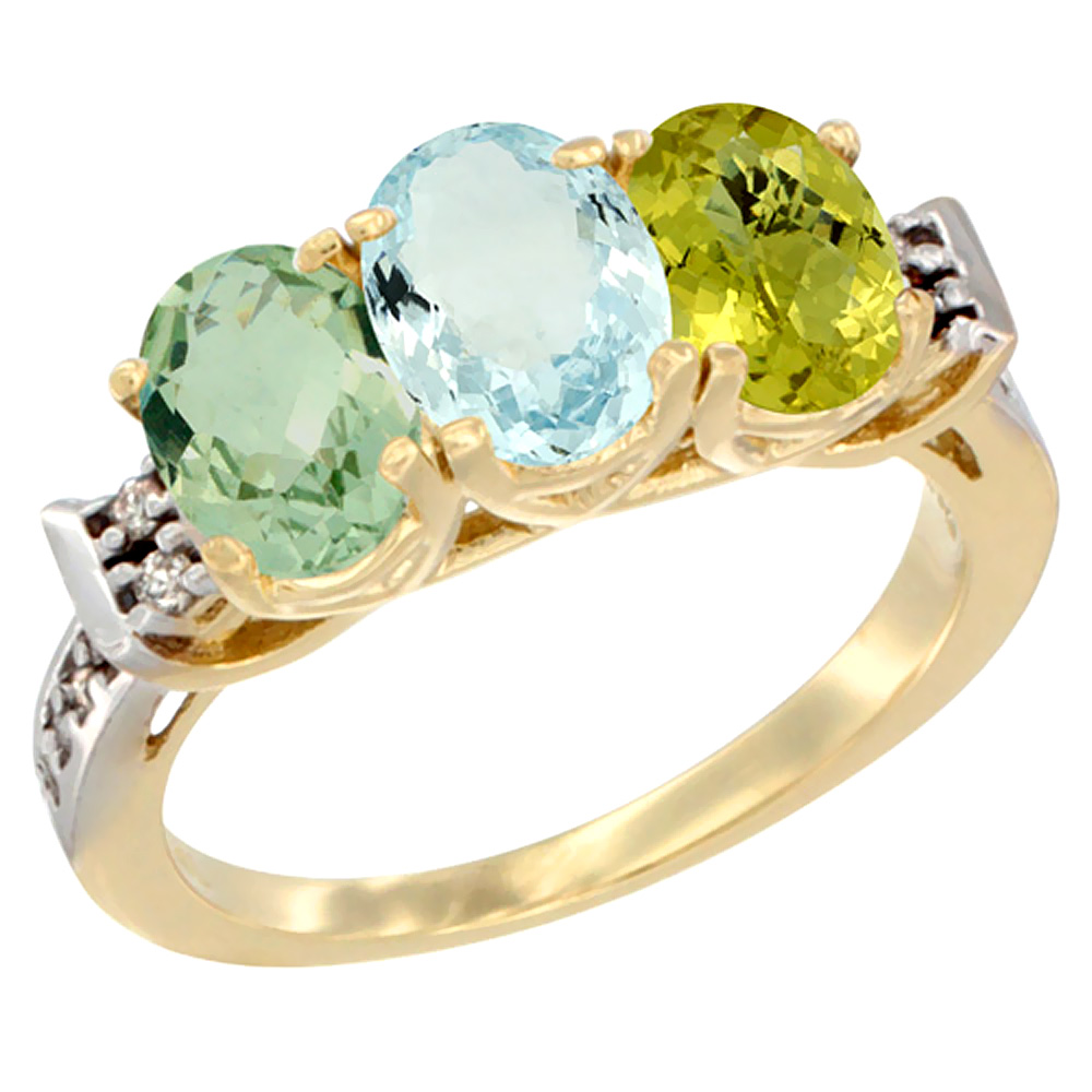 14K Yellow Gold Natural Green Amethyst, Aquamarine & Lemon Quartz Ring 3-Stone 7x5 mm Oval Diamond Accent, sizes 5 - 10