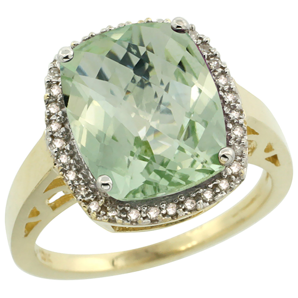 14K Yellow Gold Diamond Natural Green Amethyst Ring Cushion-cut 12x10mm, sizes 5-10