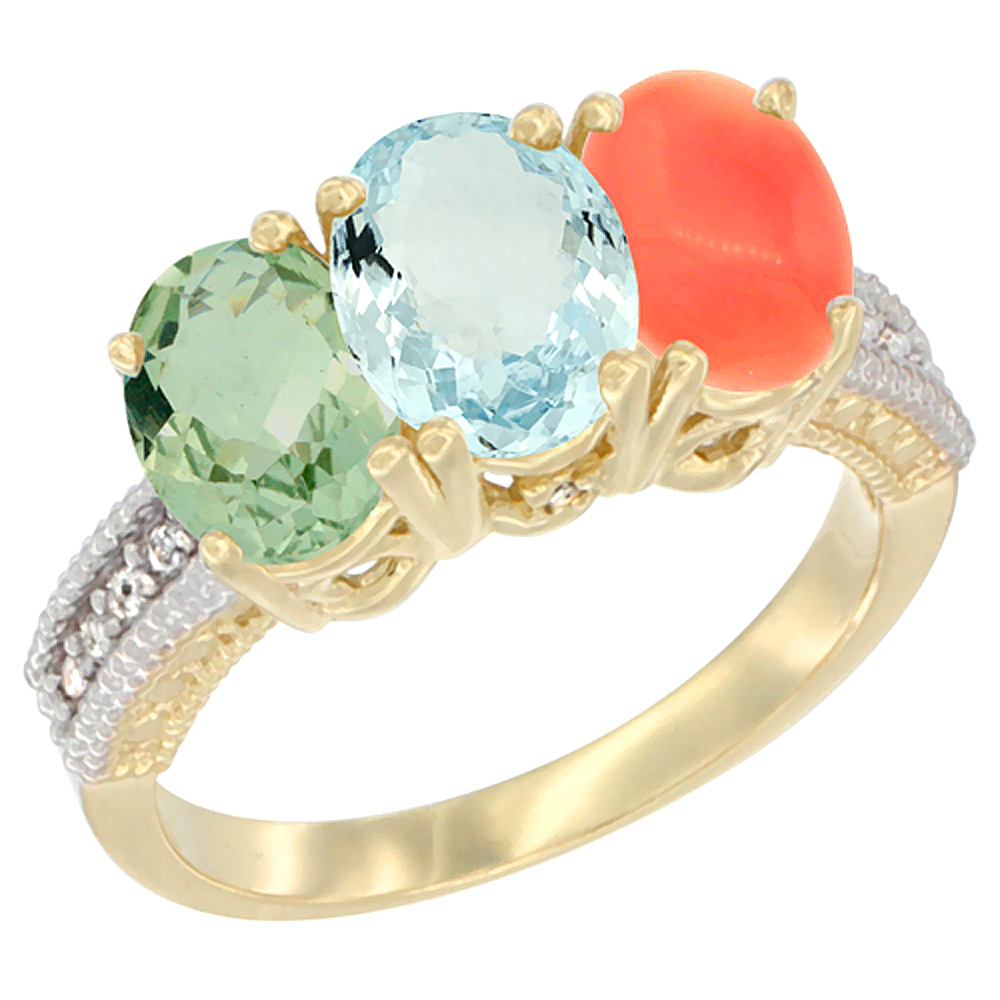 14K Yellow Gold Natural Green Amethyst, Aquamarine & Coral Ring 3-Stone 7x5 mm Oval Diamond Accent, sizes 5 - 10