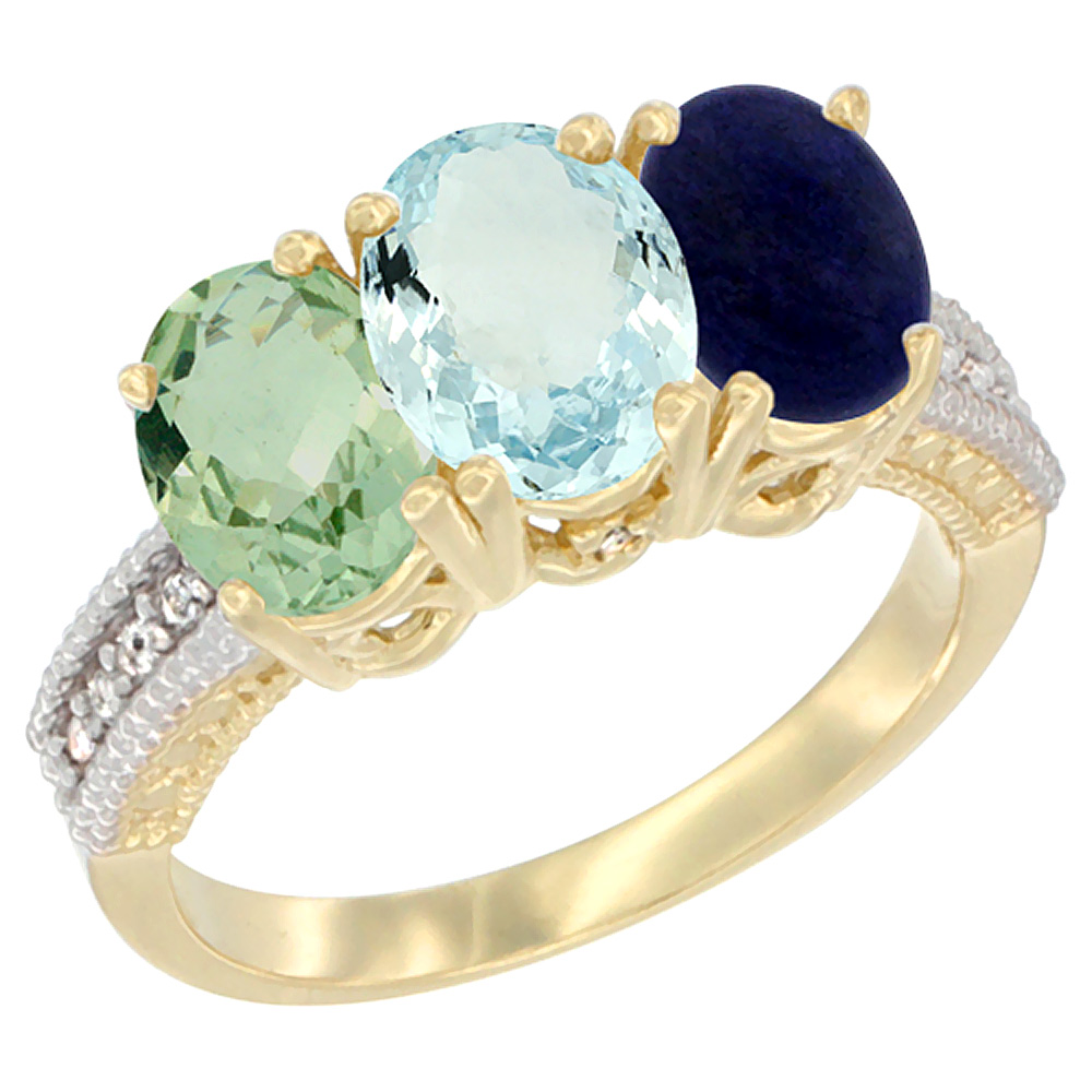 14K Yellow Gold Natural Green Amethyst, Aquamarine &amp; Lapis Ring 3-Stone 7x5 mm Oval Diamond Accent, sizes 5 - 10