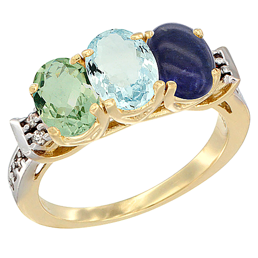 10K Yellow Gold Natural Green Amethyst, Aquamarine & Lapis Ring 3-Stone Oval 7x5 mm Diamond Accent, sizes 5 - 10