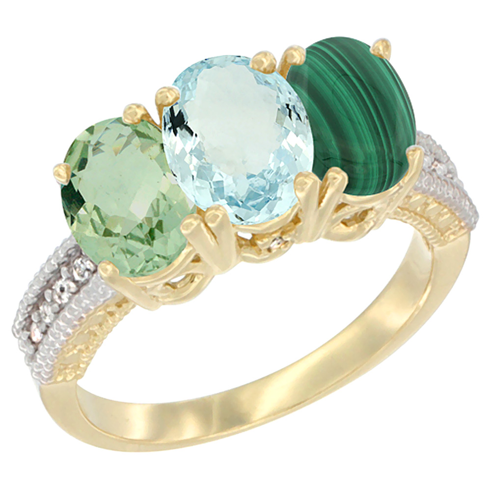 14K Yellow Gold Natural Green Amethyst, Aquamarine &amp; Malachite Ring 3-Stone 7x5 mm Oval Diamond Accent, sizes 5 - 10