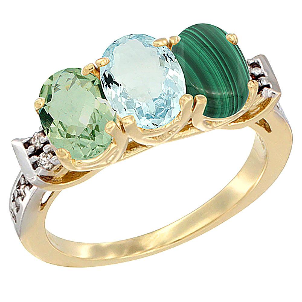 14K Yellow Gold Natural Green Amethyst, Aquamarine & Malachite Ring 3-Stone 7x5 mm Oval Diamond Accent, sizes 5 - 10