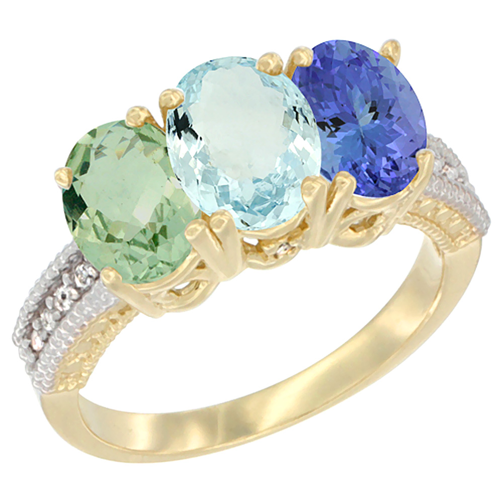 14K Yellow Gold Natural Green Amethyst, Aquamarine & Tanzanite Ring 3-Stone 7x5 mm Oval Diamond Accent, sizes 5 - 10