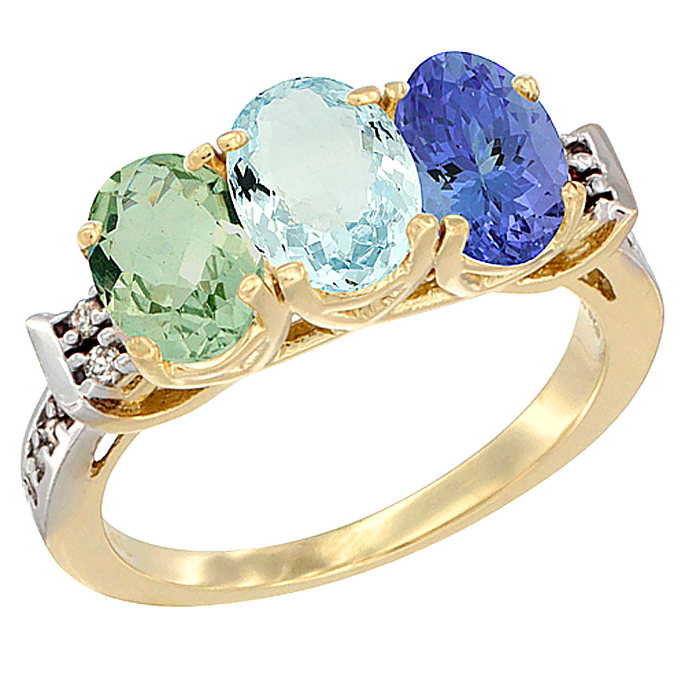 14K Yellow Gold Natural Green Amethyst, Aquamarine & Tanzanite Ring 3-Stone 7x5 mm Oval Diamond Accent, sizes 5 - 10