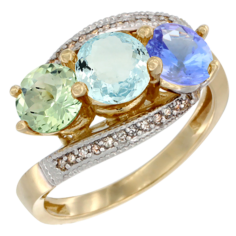 10K Yellow Gold Natural Green Amethyst, Aquamarine & Tanzanite 3 stone Ring Round 6mm Diamond Accent, sizes 5 - 10