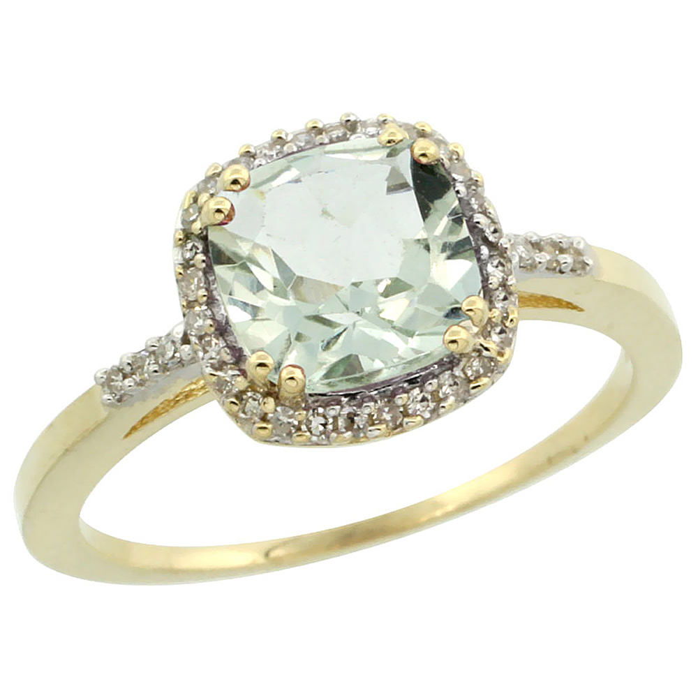 14K Yellow Gold Diamond Natural Green Amethyst Ring Cushion-cut 7x7mm, sizes 5-10