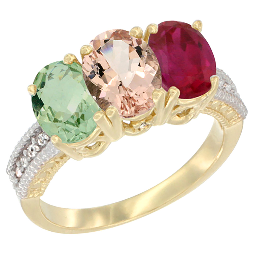 14K Yellow Gold Natural Green Amethyst, Morganite & Enhanced Ruby Ring 3-Stone 7x5 mm Oval Diamond Accent, sizes 5 - 10