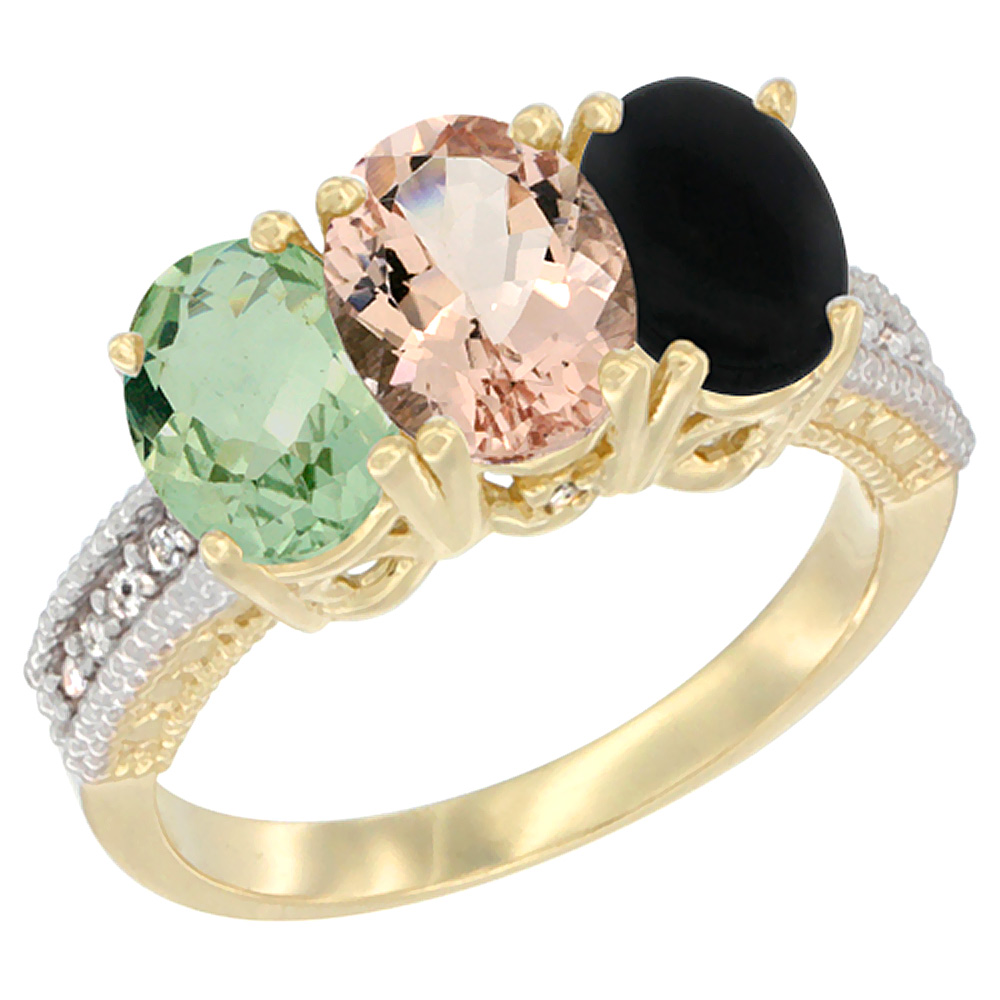 14K Yellow Gold Natural Green Amethyst, Morganite & Black Onyx Ring 3-Stone 7x5 mm Oval Diamond Accent, sizes 5 - 10