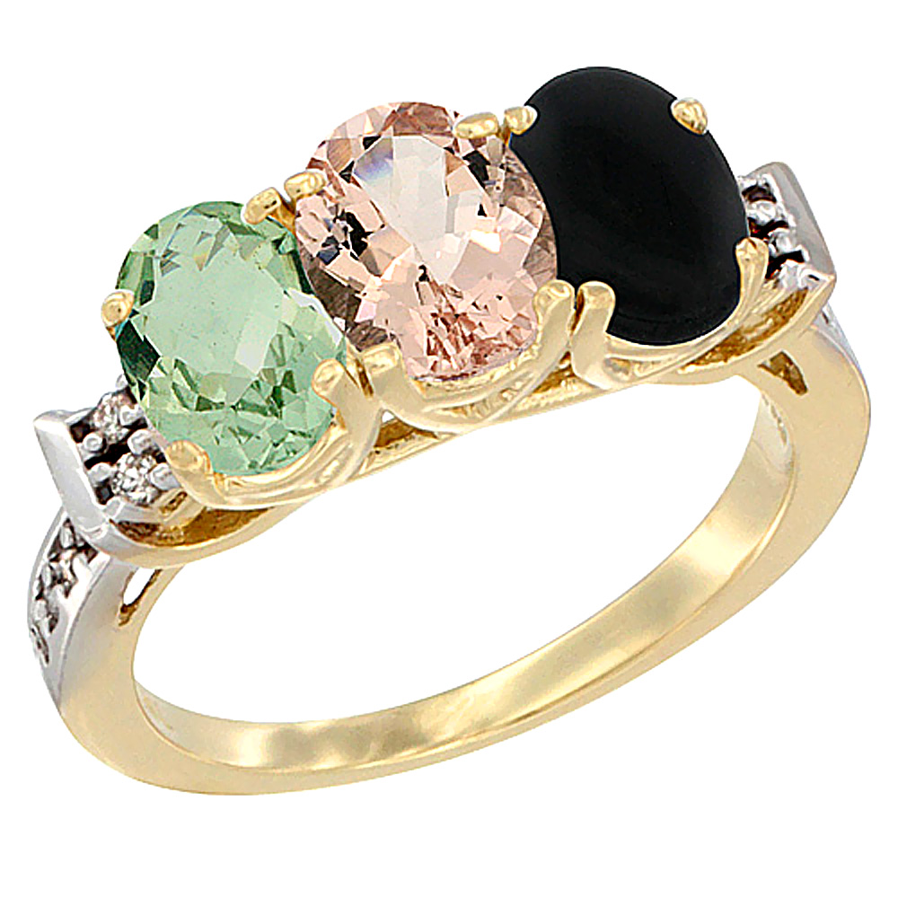 14K Yellow Gold Natural Green Amethyst, Morganite & Black Onyx Ring 3-Stone 7x5 mm Oval Diamond Accent, sizes 5 - 10