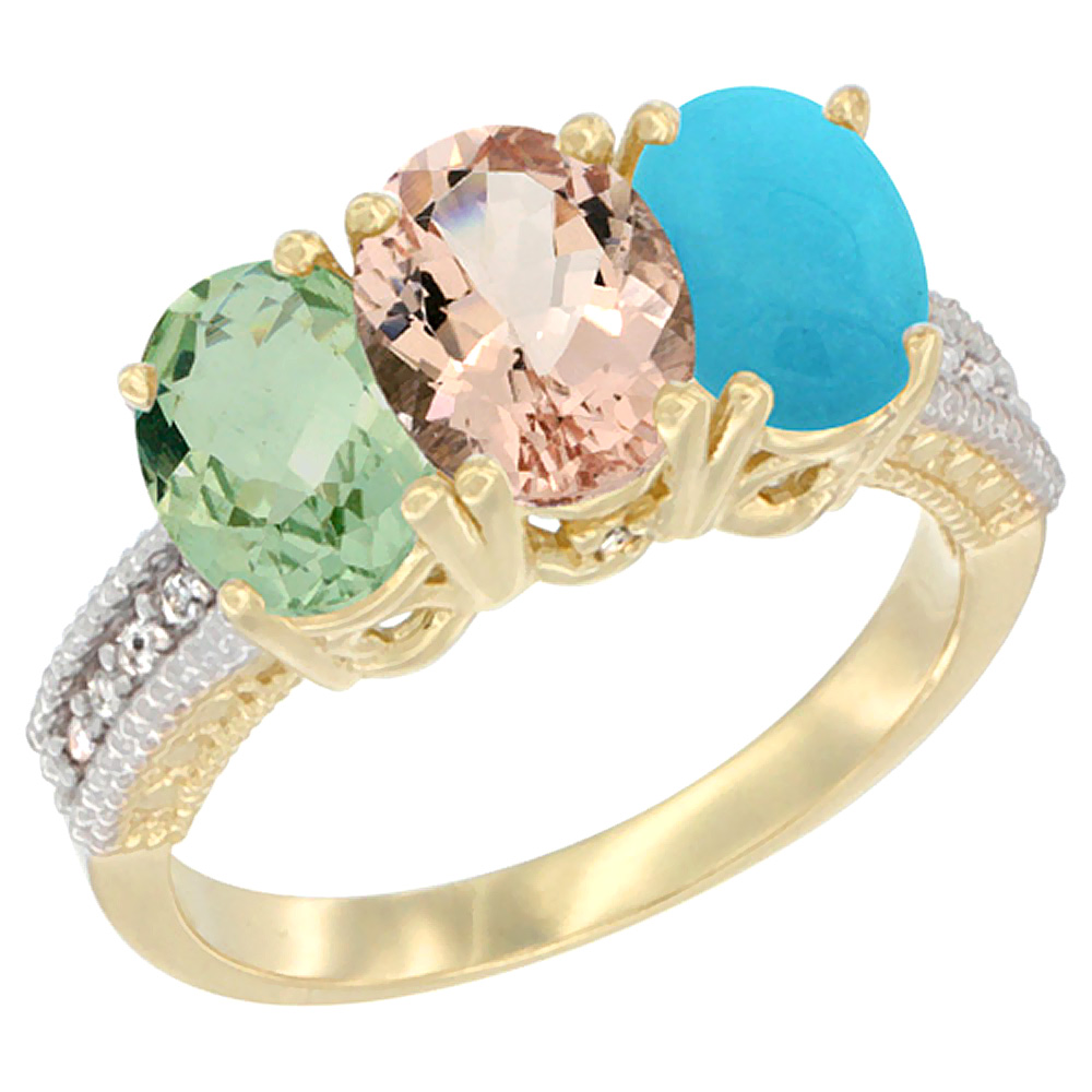 14K Yellow Gold Natural Green Amethyst, Morganite & Turquoise Ring 3-Stone 7x5 mm Oval Diamond Accent, sizes 5 - 10