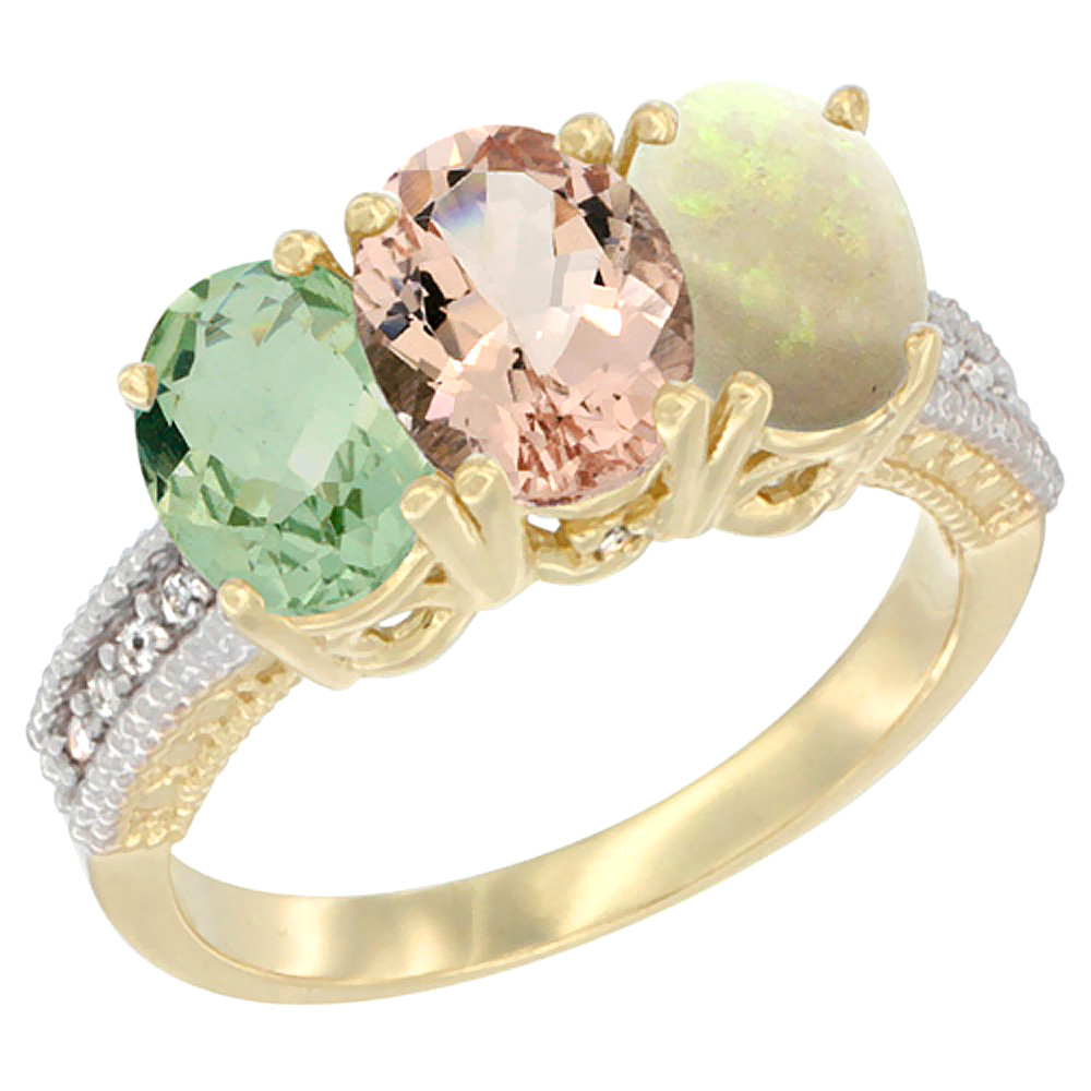 14K Yellow Gold Natural Green Amethyst, Morganite & Opal Ring 3-Stone 7x5 mm Oval Diamond Accent, sizes 5 - 10