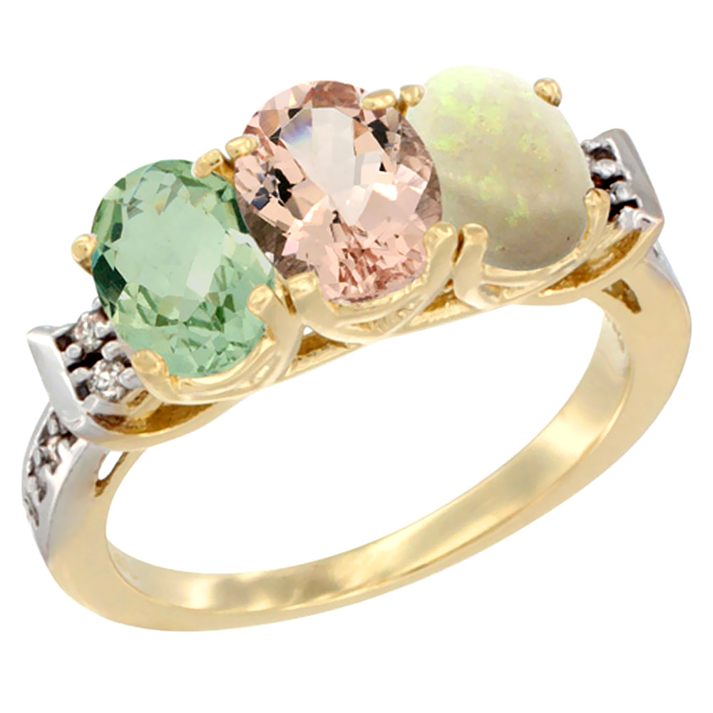 14K Yellow Gold Natural Green Amethyst, Morganite &amp; Opal Ring 3-Stone 7x5 mm Oval Diamond Accent, sizes 5 - 10