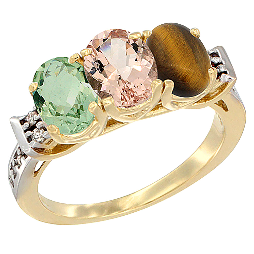 14K Yellow Gold Natural Green Amethyst, Morganite & Tiger Eye Ring 3-Stone 7x5 mm Oval Diamond Accent, sizes 5 - 10