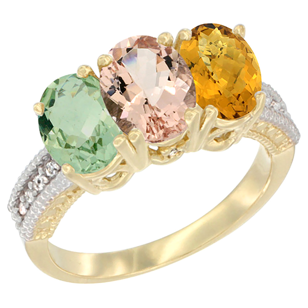 14K Yellow Gold Natural Green Amethyst, Morganite &amp; Whisky Quartz Ring 3-Stone 7x5 mm Oval Diamond Accent, sizes 5 - 10