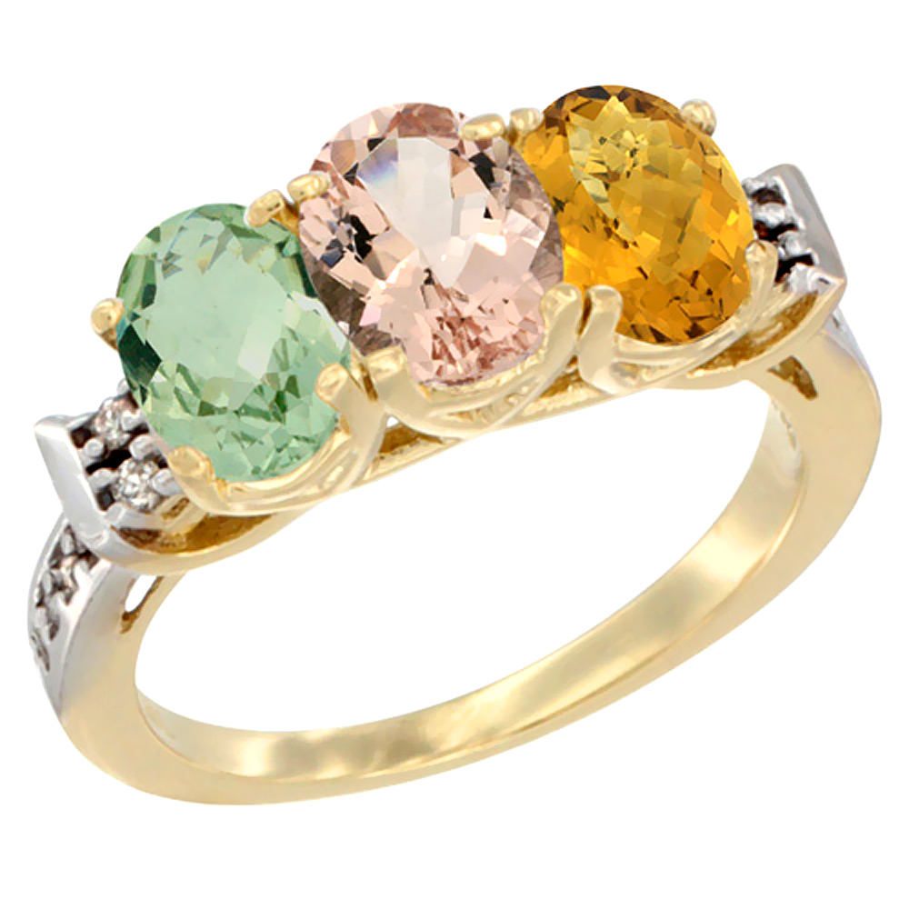 10K Yellow Gold Natural Green Amethyst, Morganite & Whisky Quartz Ring 3-Stone Oval 7x5 mm Diamond Accent, sizes 5 - 10