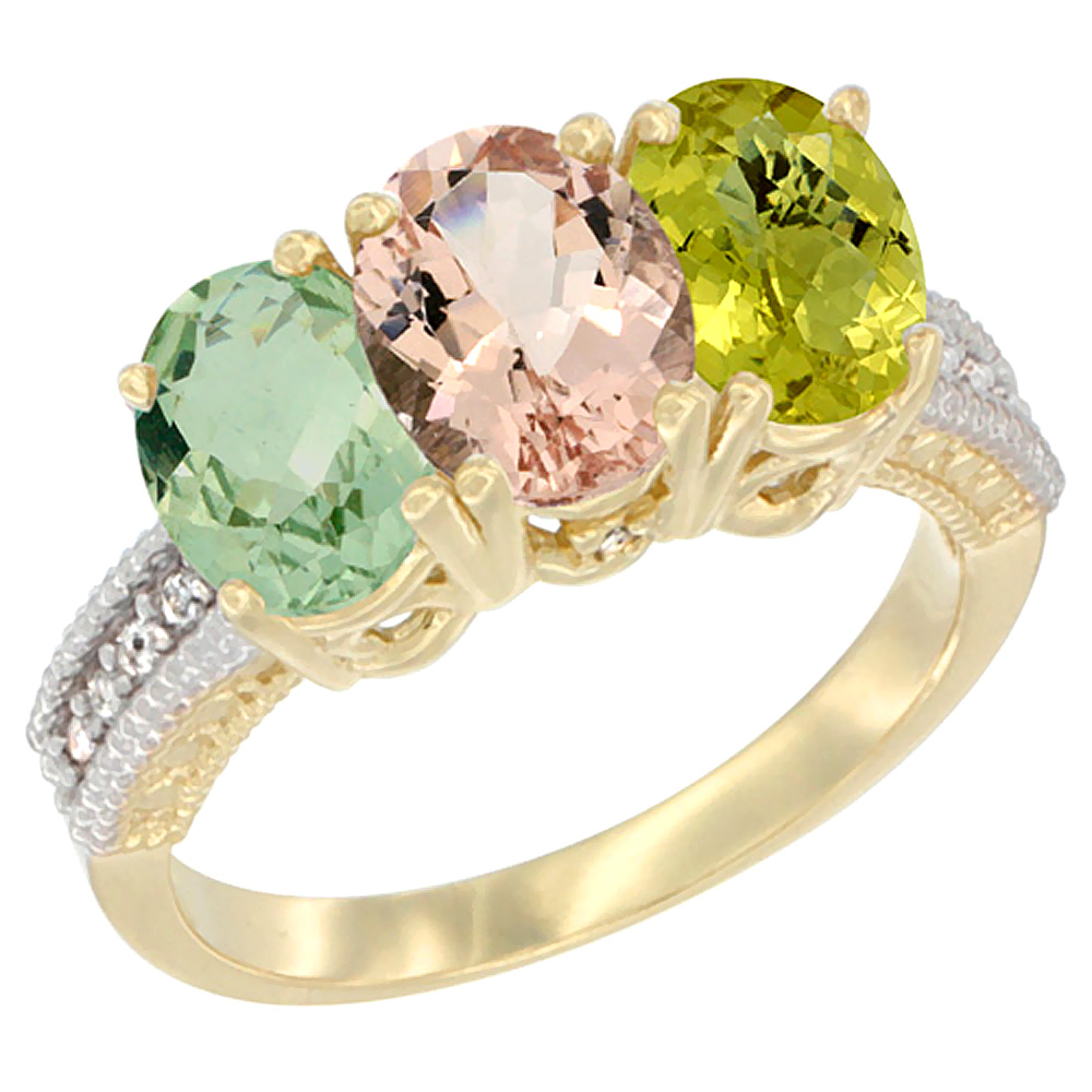 14K Yellow Gold Natural Green Amethyst, Morganite &amp; Lemon Quartz Ring 3-Stone 7x5 mm Oval Diamond Accent, sizes 5 - 10