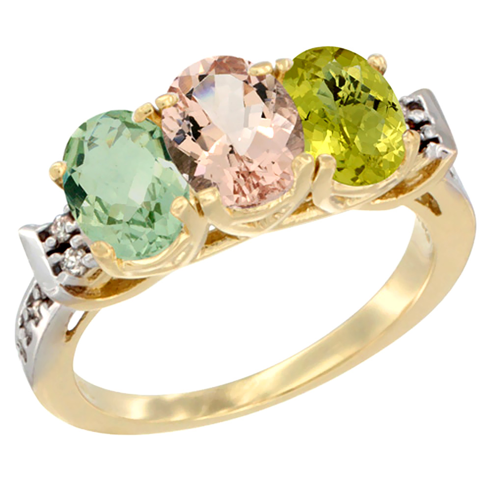 14K Yellow Gold Natural Green Amethyst, Morganite & Lemon Quartz Ring 3-Stone 7x5 mm Oval Diamond Accent, sizes 5 - 10