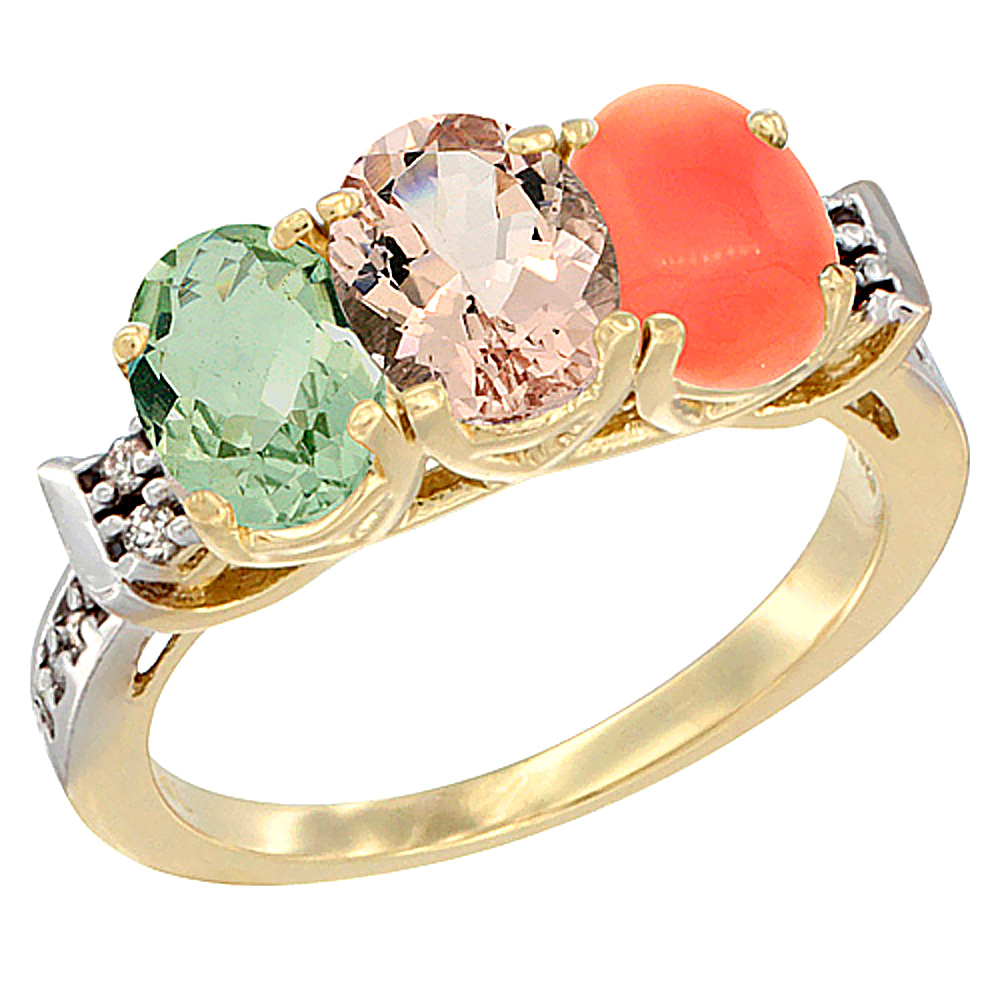 14K Yellow Gold Natural Green Amethyst, Morganite & Coral Ring 3-Stone 7x5 mm Oval Diamond Accent, sizes 5 - 10