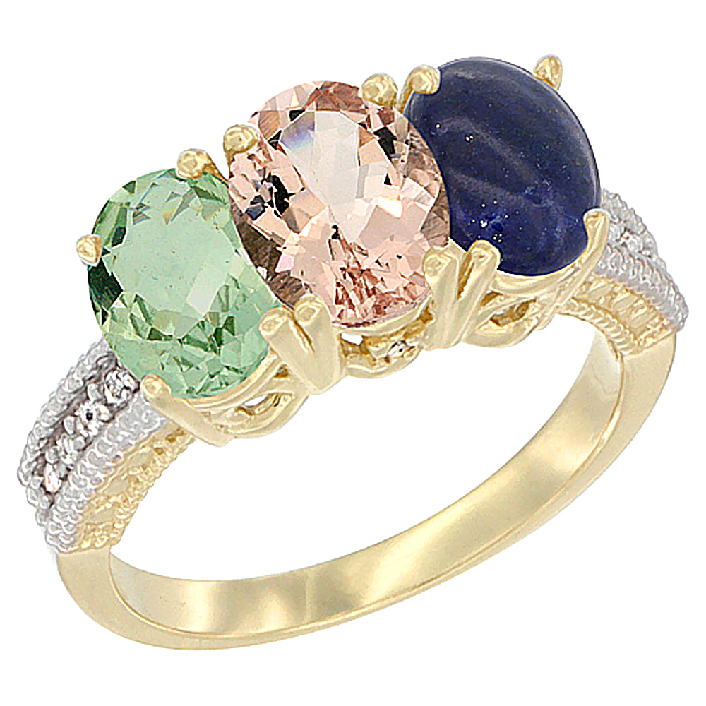 10K Yellow Gold Diamond Natural Green Amethyst, Morganite & Lapis Ring 3-Stone Oval 7x5 mm, sizes 5 - 10