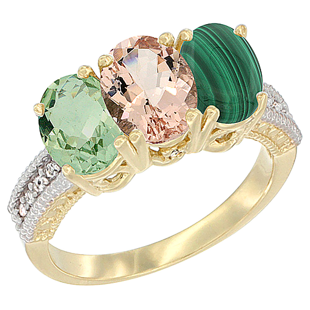 14K Yellow Gold Natural Green Amethyst, Morganite & Malachite Ring 3-Stone 7x5 mm Oval Diamond Accent, sizes 5 - 10