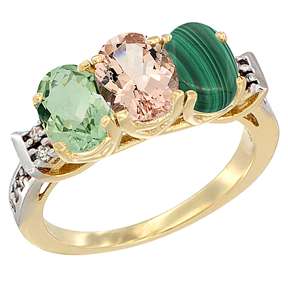 14K Yellow Gold Natural Green Amethyst, Morganite & Malachite Ring 3-Stone 7x5 mm Oval Diamond Accent, sizes 5 - 10