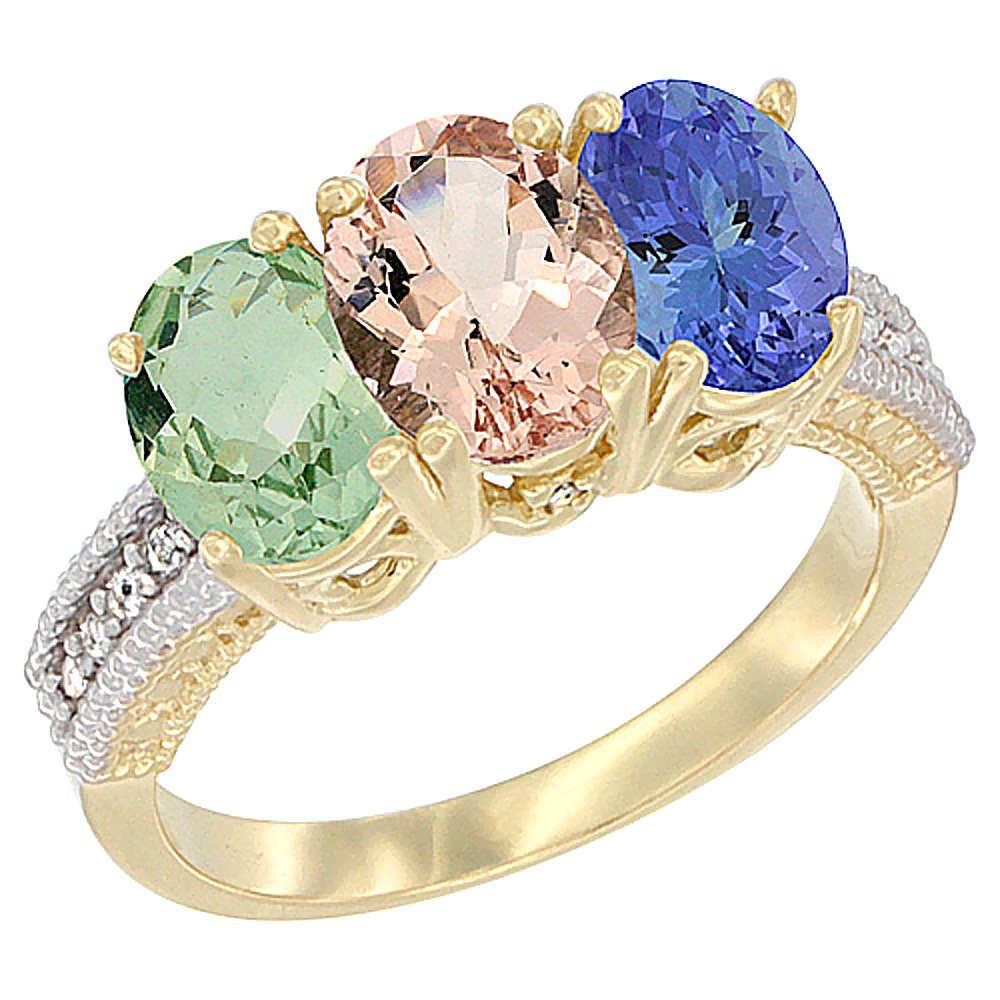 14K Yellow Gold Natural Green Amethyst, Morganite & Tanzanite Ring 3-Stone 7x5 mm Oval Diamond Accent, sizes 5 - 10