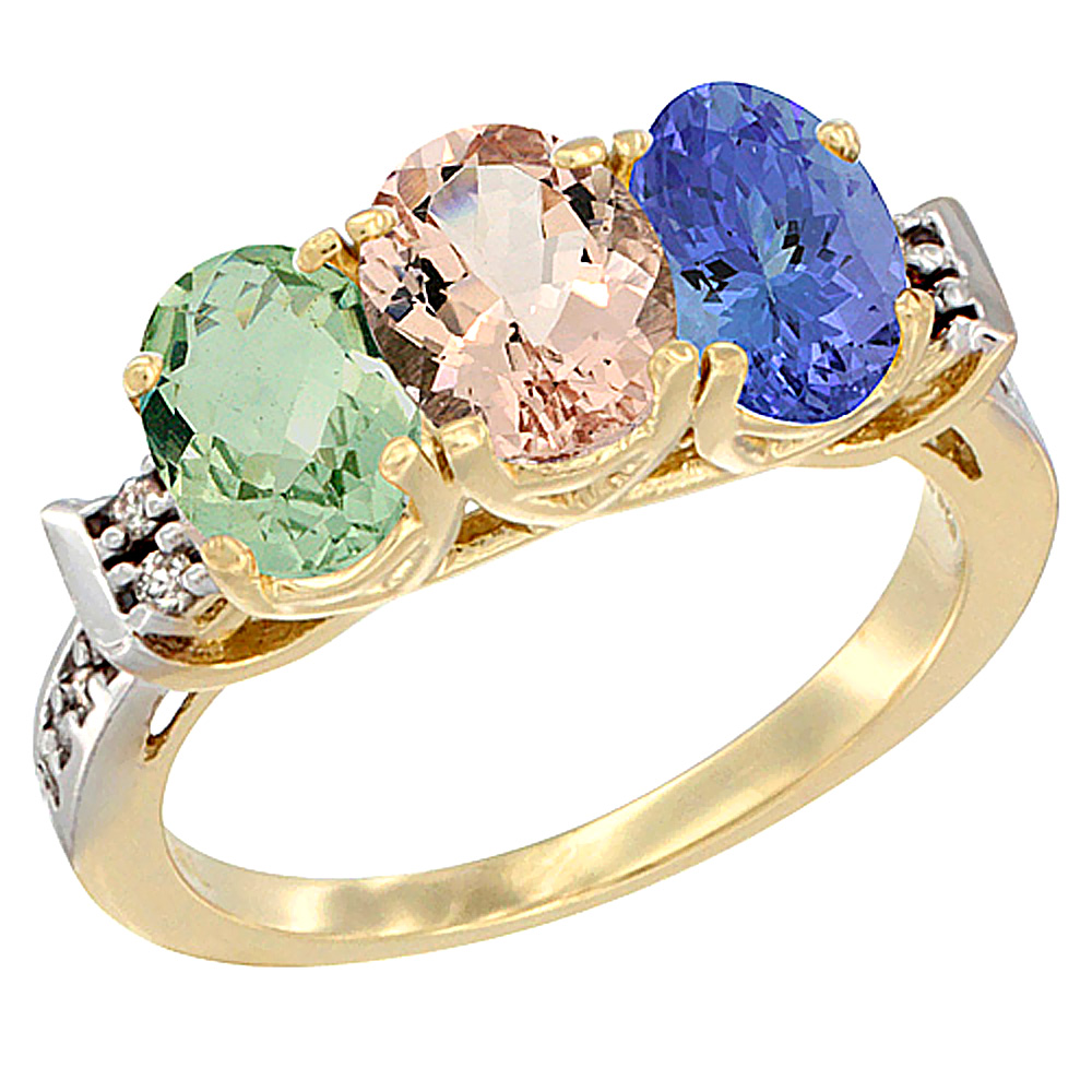 14K Yellow Gold Natural Green Amethyst, Morganite &amp; Tanzanite Ring 3-Stone 7x5 mm Oval Diamond Accent, sizes 5 - 10