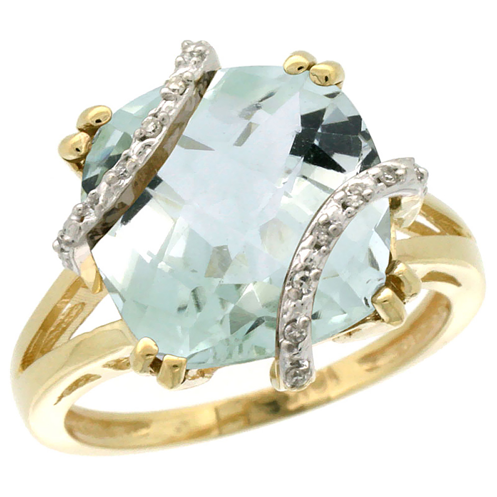 14K Yellow Gold Natural Green Amethyst Ring Cushion-cut 12x12mm Diamond Accent, sizes 5-10