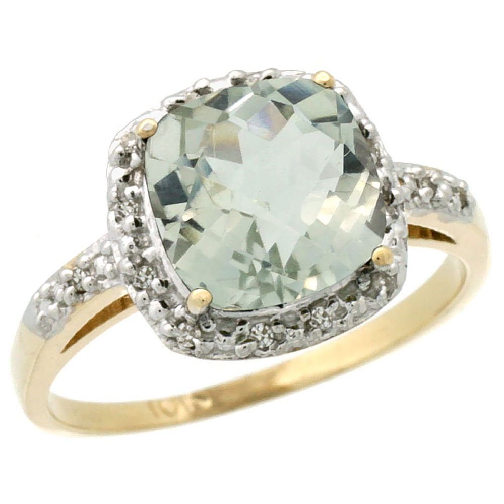 10K Yellow Gold Diamond Genuine Green Amethyst Ring Cushion-cut 8x8 mm sizes 5-10