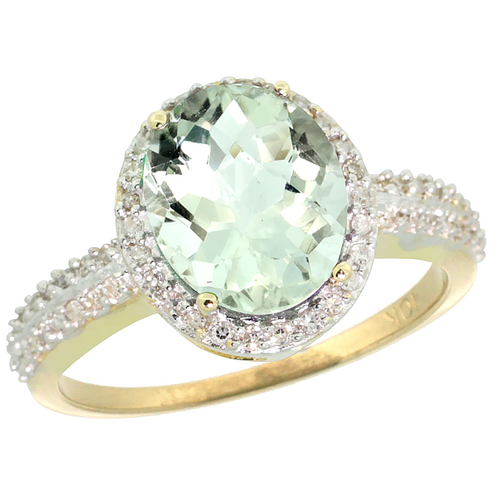 14K Yellow Gold Diamond Natural Green Amethyst Engagement Ring Oval 10x8mm, sizes 5-10