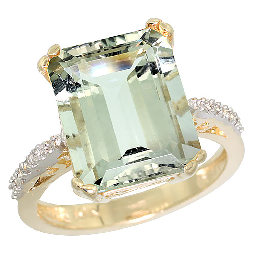 14K Yellow Gold Natural Diamond Green Amethyst Ring Emerald-cut 12x10mm, sizes 5-10