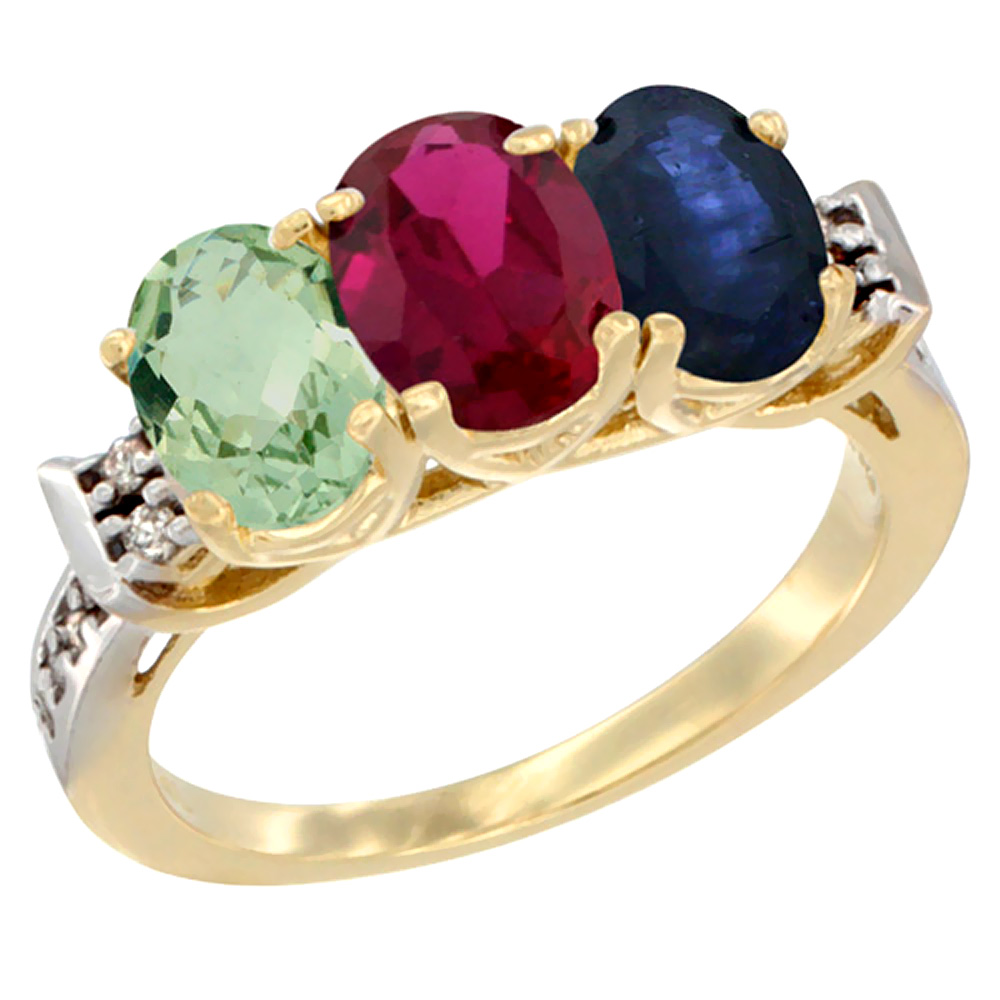 14K Yellow Gold Natural Green Amethyst, Enhanced Ruby & Natural Blue Sapphire Ring 3-Stone 7x5 mm Oval Diamond Accent, sizes 5 - 10