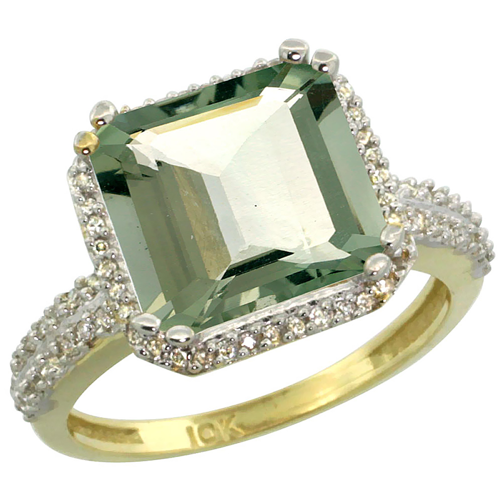 14K Yellow Gold Natural Green Amethyst Ring Cushion-cut 11x11mm Diamond Halo, sizes 5-10