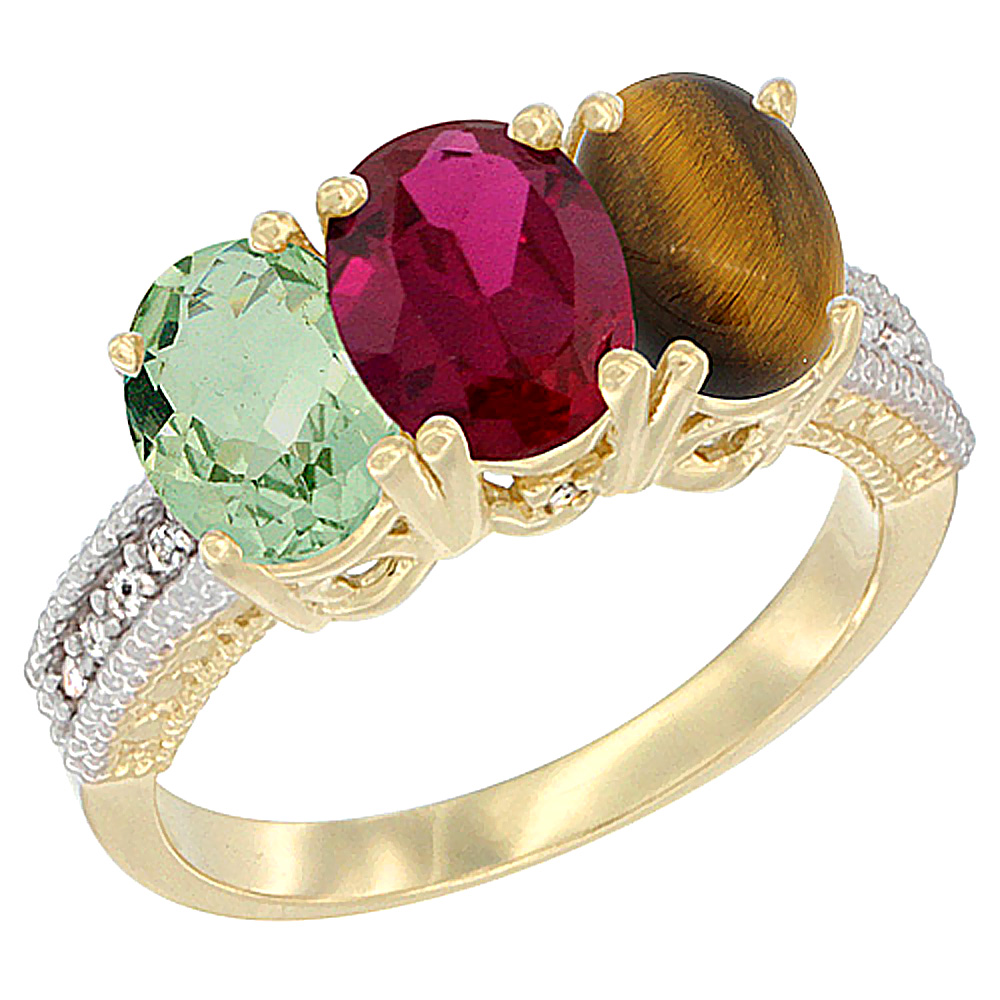 14K Yellow Gold Natural Green Amethyst, Enhanced Ruby & Natural Tiger Eye Ring 3-Stone 7x5 mm Oval Diamond Accent, sizes 5 - 10