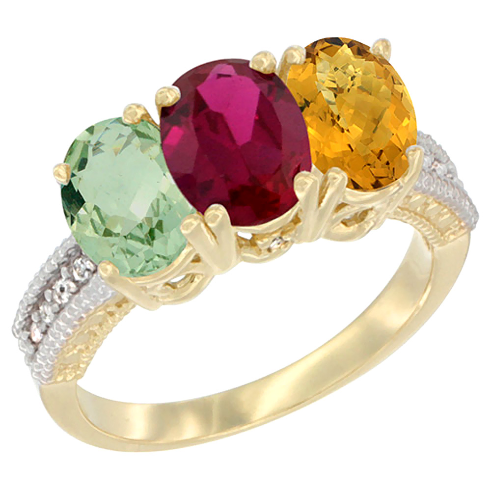 14K Yellow Gold Natural Green Amethyst, Enhanced Ruby & Natural Whisky Quartz Ring 3-Stone 7x5 mm Oval Diamond Accent, sizes 5 - 10