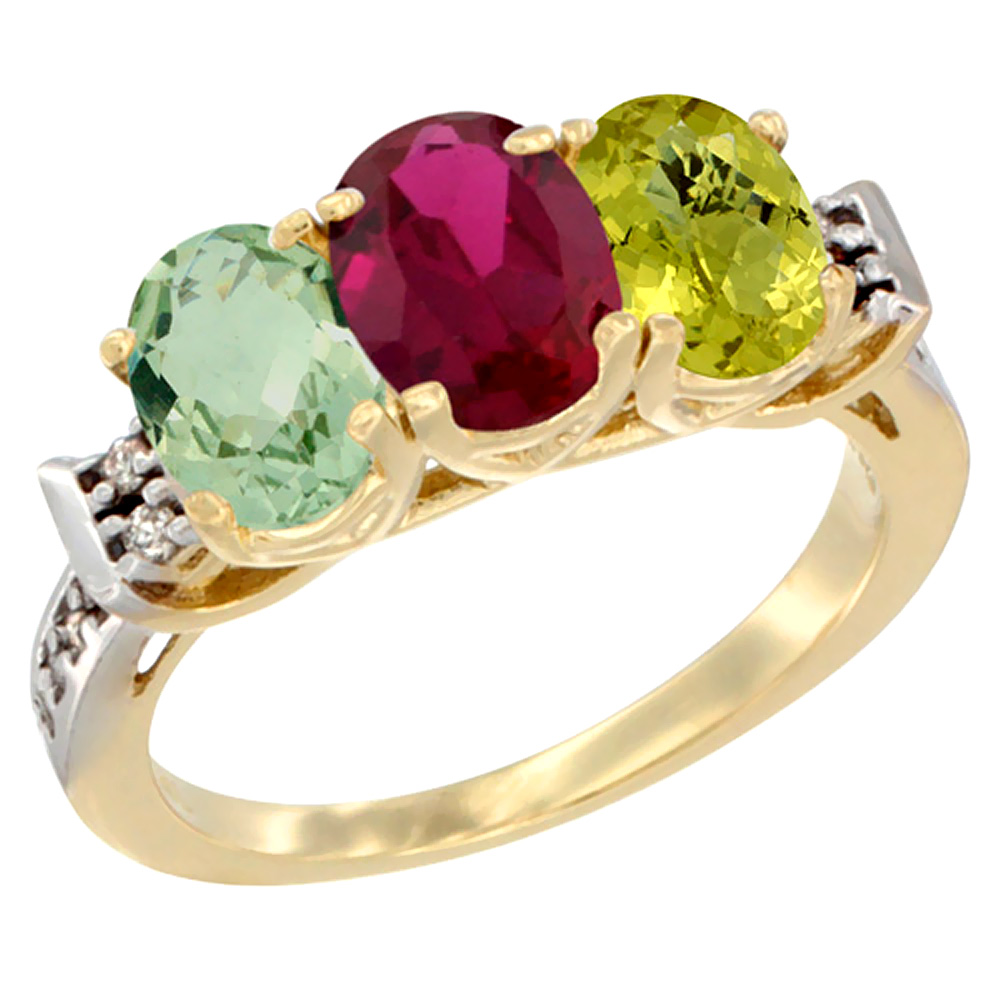 10K Yellow Gold Natural Green Amethyst, Enhanced Ruby & Natural Lemon Quartz Ring 3-Stone Oval 7x5 mm Diamond Accent, sizes 5 - 10