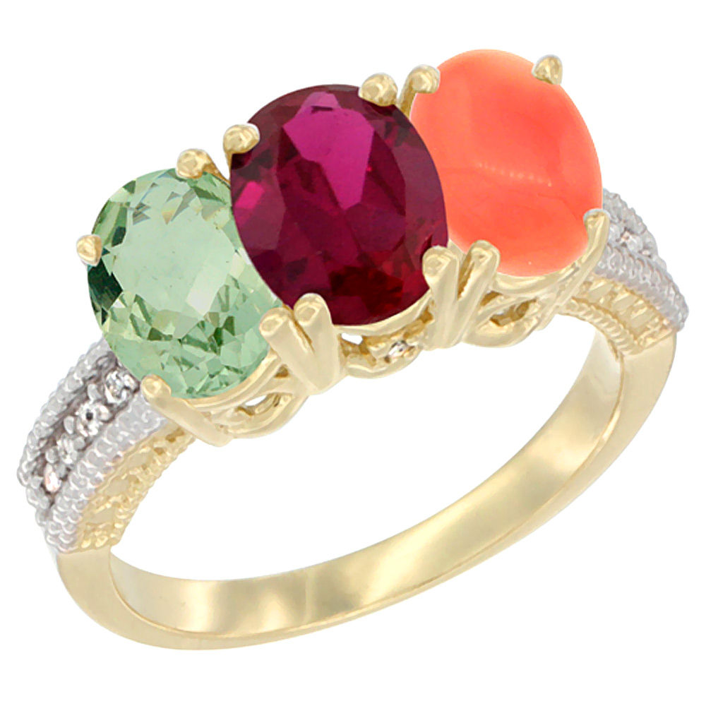 14K Yellow Gold Natural Green Amethyst, Enhanced Ruby & Natural Coral Ring 3-Stone 7x5 mm Oval Diamond Accent, sizes 5 - 10