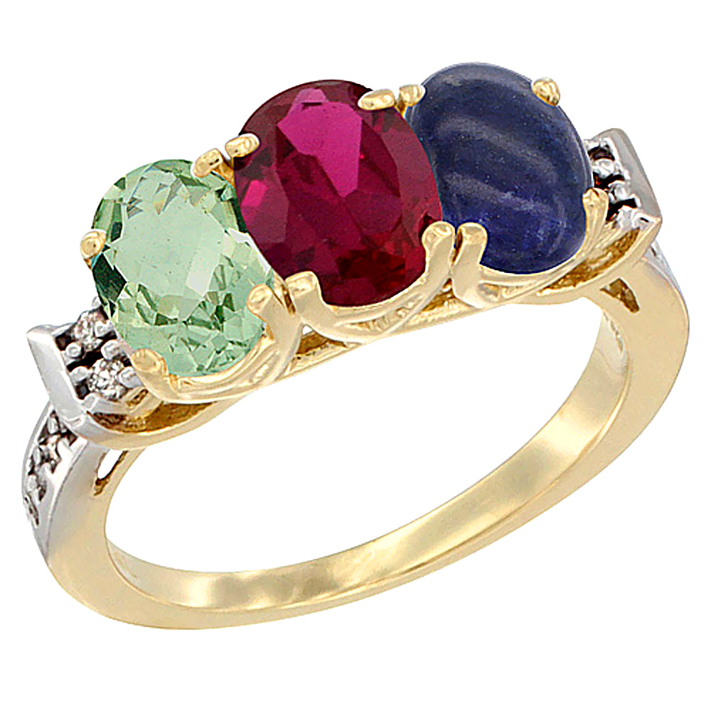 14K Yellow Gold Natural Green Amethyst, Enhanced Ruby & Natural Lapis Ring 3-Stone 7x5 mm Oval Diamond Accent, sizes 5 - 10