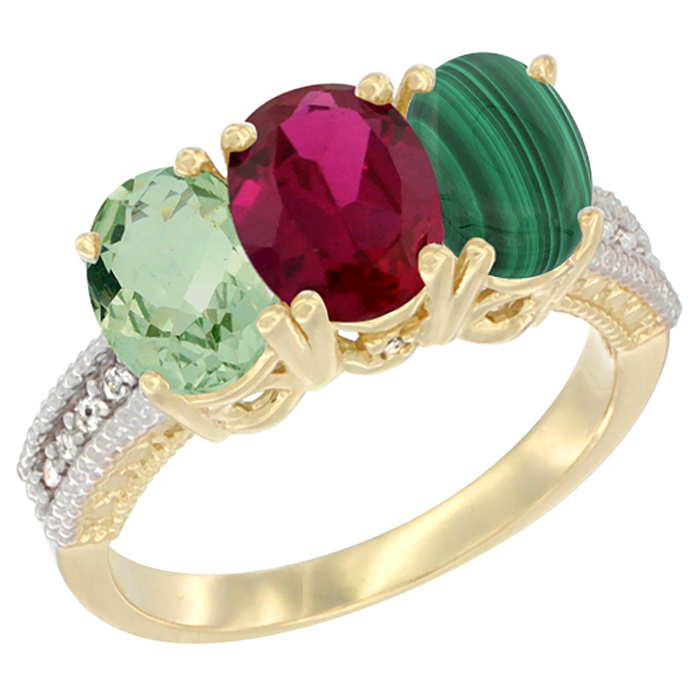 10K Yellow Gold Diamond Natural Green Amethyst, Enhanced Ruby & Natural Malachite Ring 3-Stone Oval 7x5 mm, sizes 5 - 10