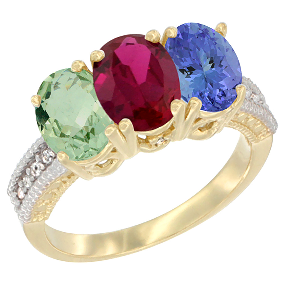 10K Yellow Gold Diamond Natural Green Amethyst, Enhanced Ruby & Natural Tanzanite Ring 3-Stone Oval 7x5 mm, sizes 5 - 10