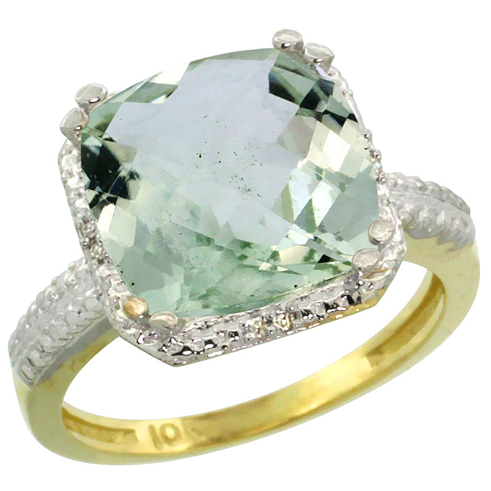 14K Yellow Gold Diamond Natural Green Amethyst Ring Cushion-cut 11x11mm, sizes 5-10