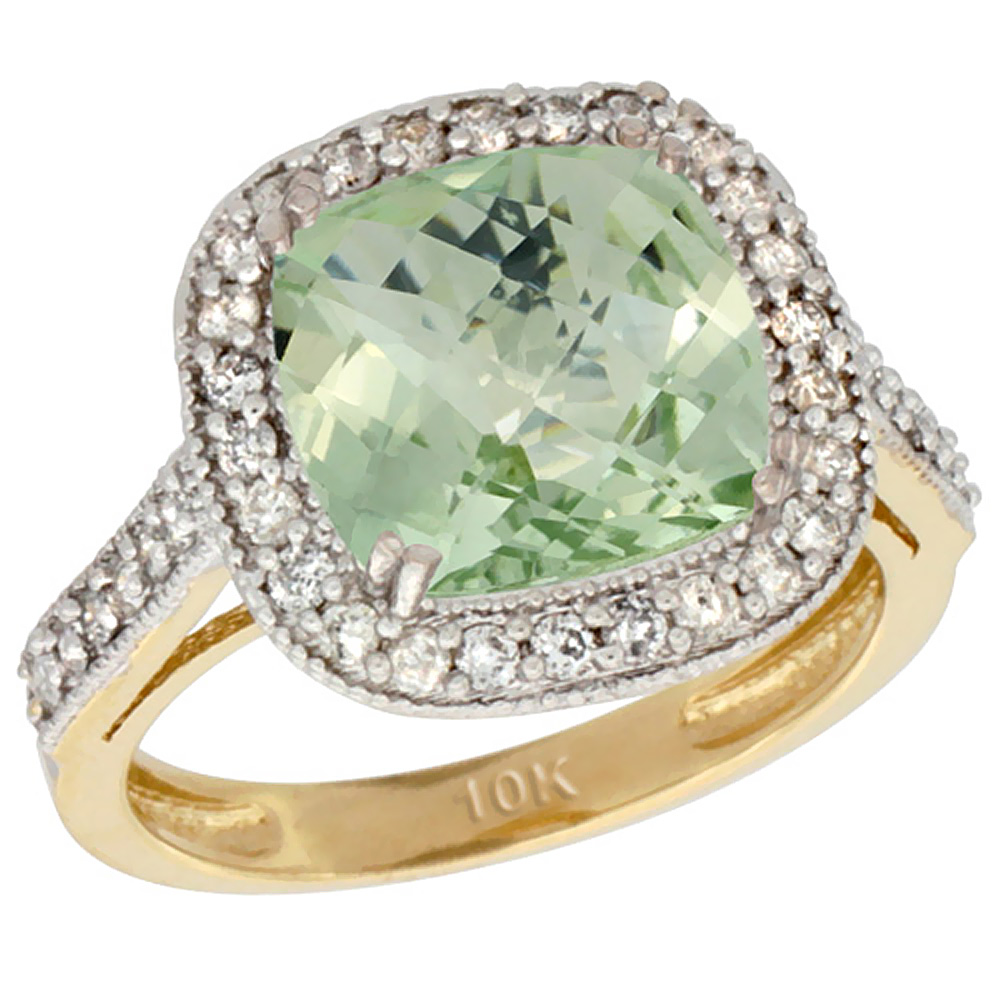 14K Yellow Gold Natural Green Amethyst Ring Cushion-cut 9x9mm Diamond Halo, sizes 5-10