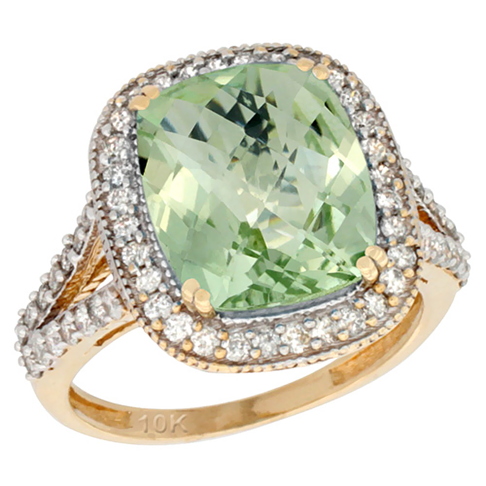 14K Yellow Gold Natural Green Amethyst Ring Cushion-cut 12x10mm Diamond Halo, sizes 5-10