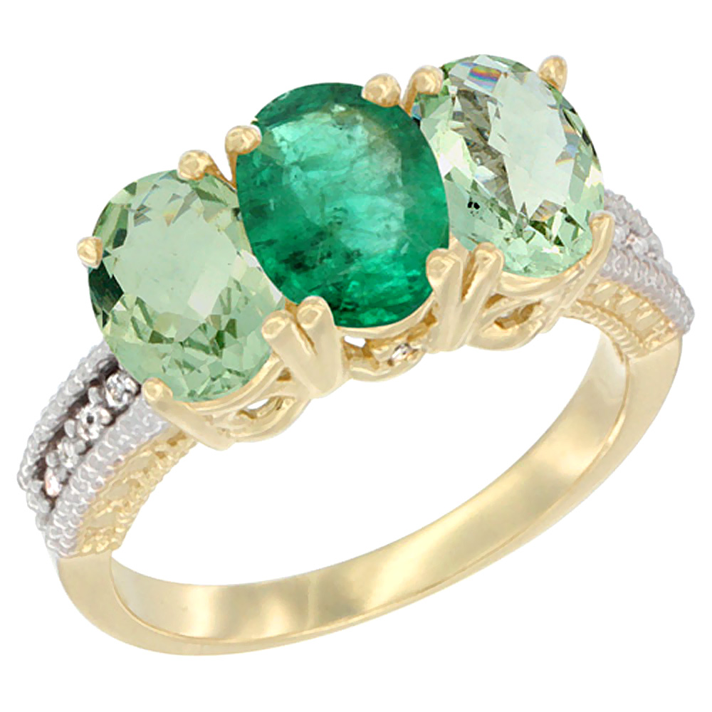 14K Yellow Gold Natural Emerald & Green Amethyst Sides Ring 3-Stone 7x5 mm Oval Diamond Accent, sizes 5 - 10